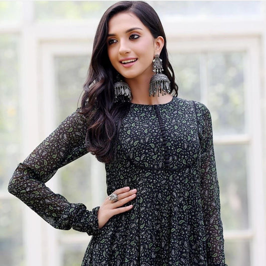 Digital Printed Georgette Gown with Anarkali style, 52 Inch Length, Sizes M to 3XL for Women