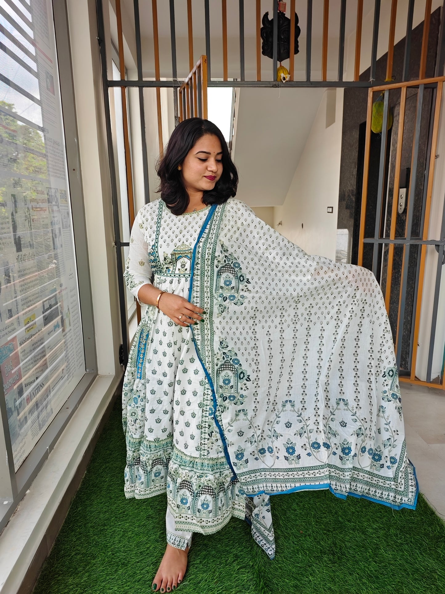 Printed Anarkali Ethnic Dress for Women with Traditional Motifs in Blue and Green – Sizes 38 to 44