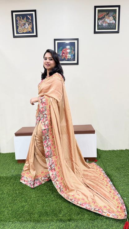 Designer Silk Saree with Embroidery Lace Work, Patchwork and Art Silk Blouse