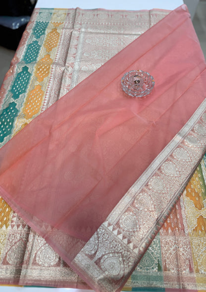 Banarasi handloom kora organza rankaat saree with allover zari stripe weaving and blouse piece