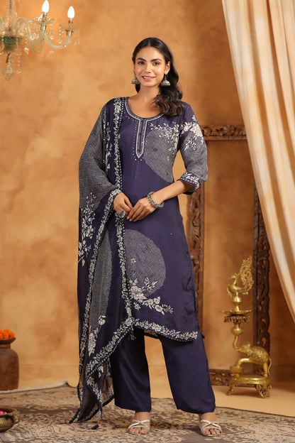 Pure Muslin Kurta Pant Dupatta Set with Intricate Printed Motifs for Women – Royal Navy