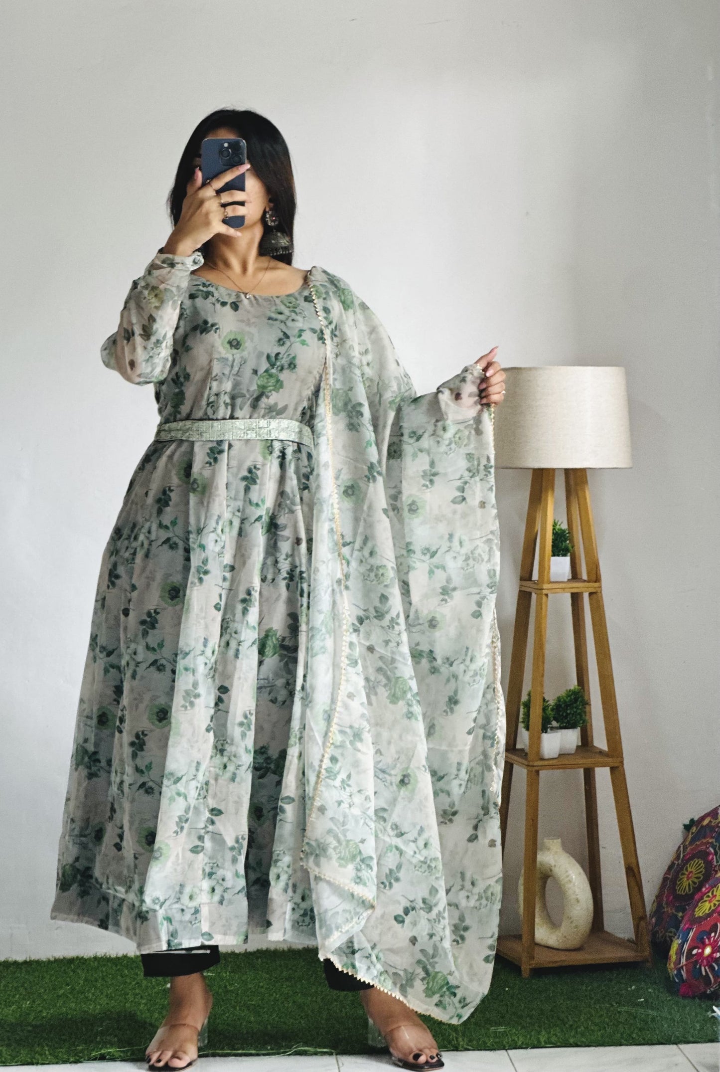 Organza Silk Anarkali Suit Set with Kali Cut, Canvas Patta, Cotton Pants and Dupatta for Women