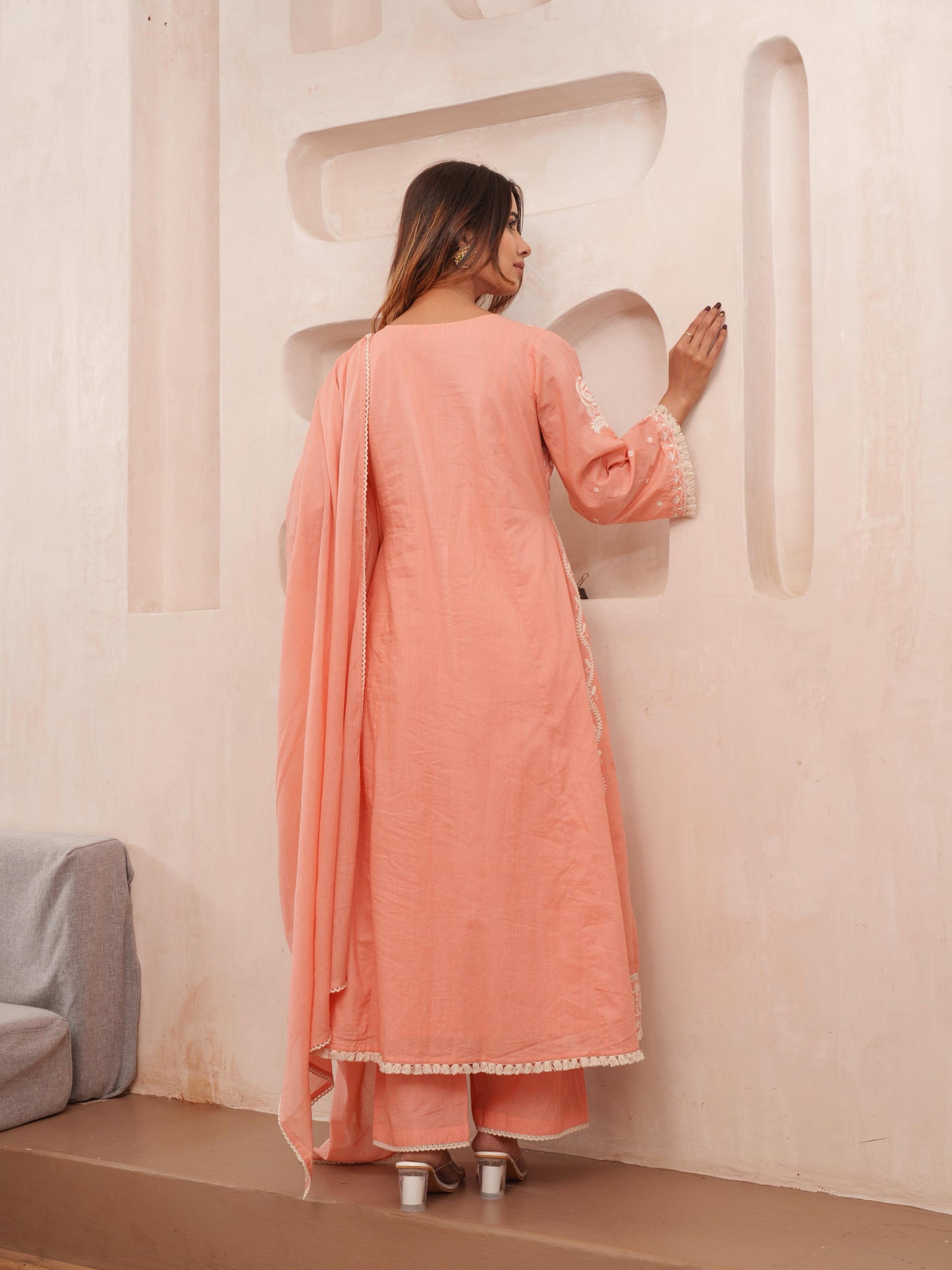 Chikankari Cotton Kurta Pant Dupatta Set with Lace Detailing for Women – Peach Tone