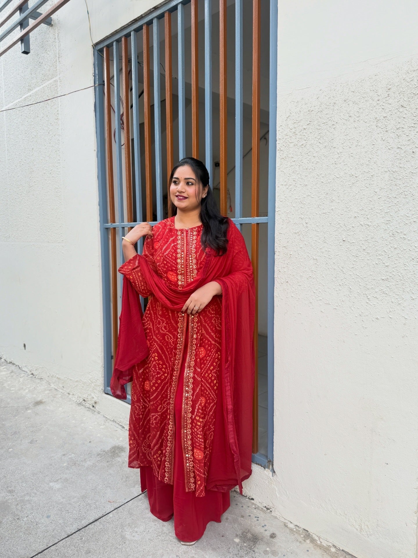 Viscose jacquard silk anarkali suit set with hand embellishment and georgette dupatta – free size stitched