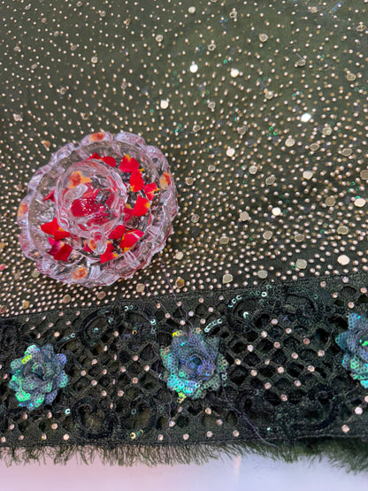 Olive Green Sequin Embroidered Saree for Women – Fancy Designer Fabric with Floral Pallu and Lace Border