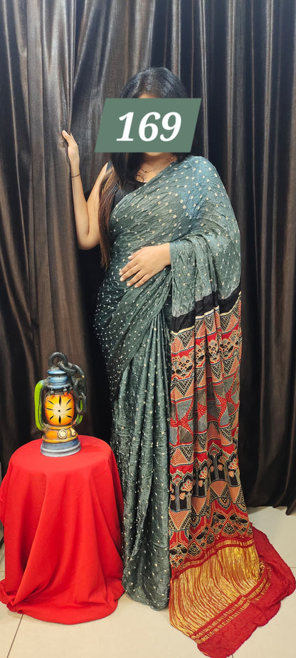 Modal Silk Ajrakh Bandhani Saree for Women – Handcrafted with Natural Dye and Ajrakh Blouse