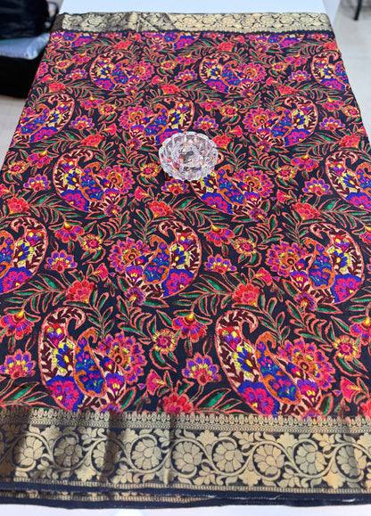 Pure Viscose Crepe silk saree with digital floral print and woven zari border for women