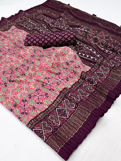Soft Dola Silk Patola Print Saree with Foil Detailing, Tassel Pallu and Contrast Blouse for Women
