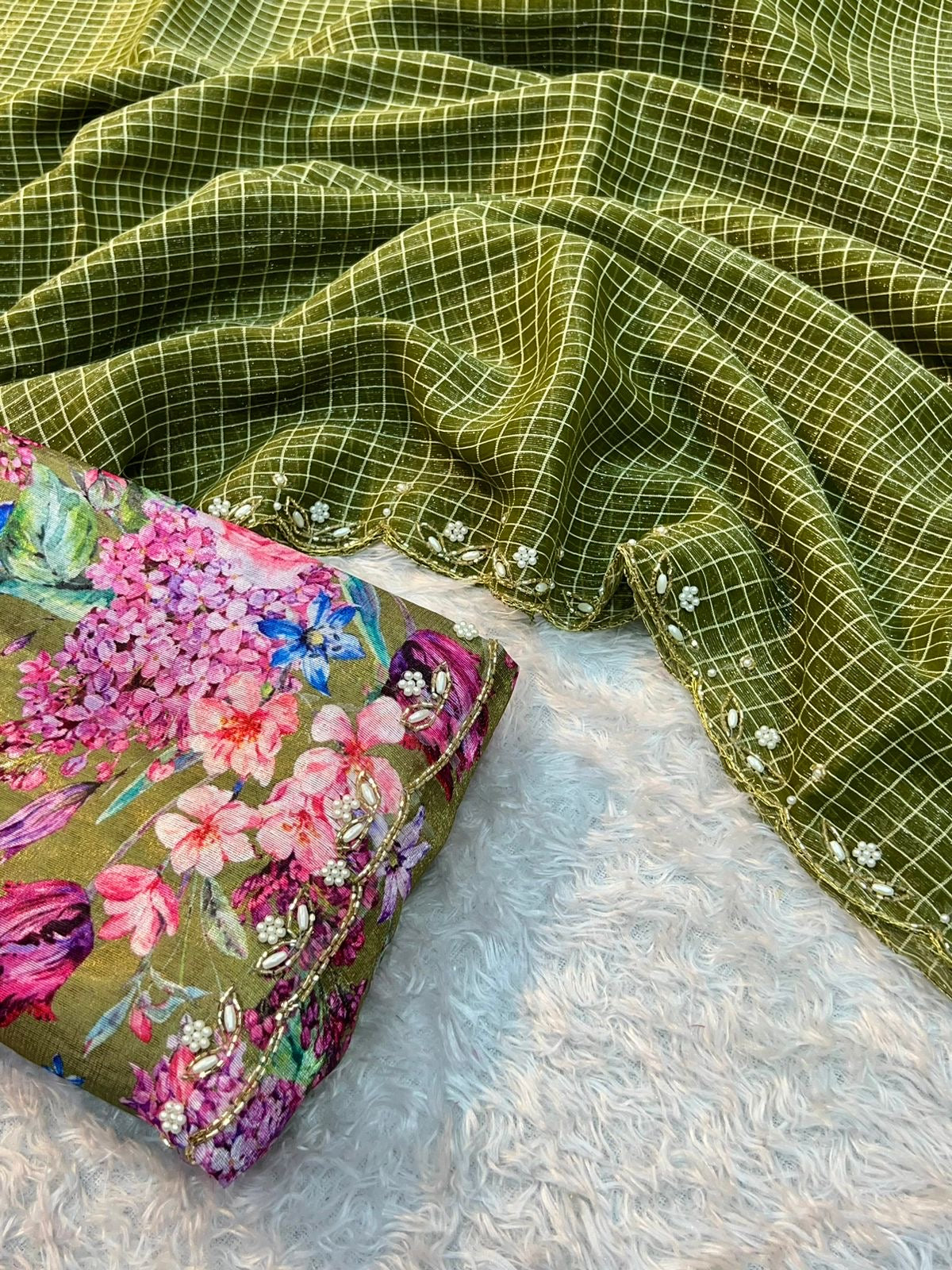 Handwork Nora Chex Saree with Pearl, Cutdana & Sequin Embroidery and Bangalori Silk Blouse