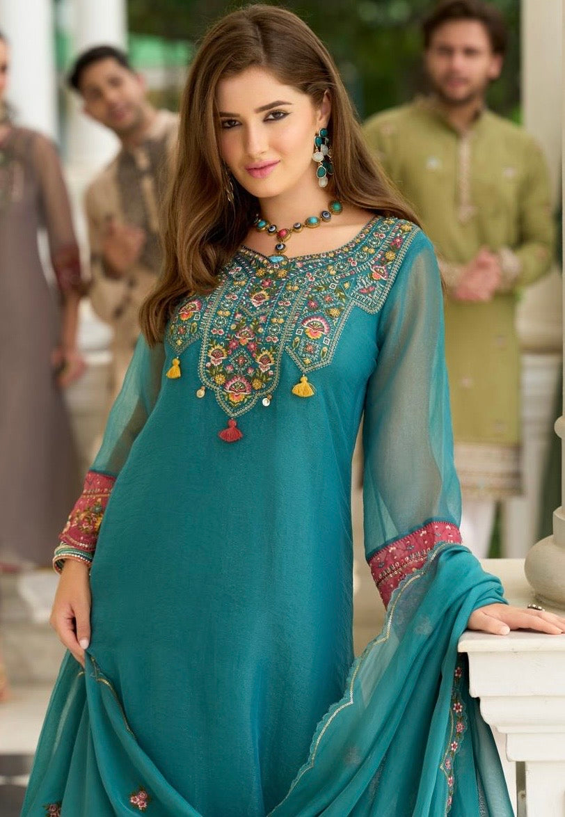 Organza Crush 3-Piece Suit Set with Embroidery, Handwork and Muslin Inner for Women