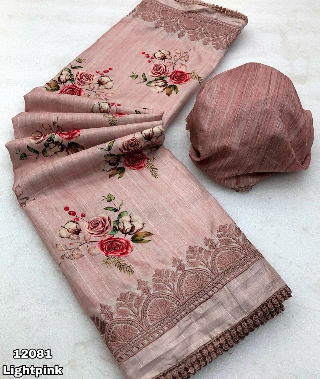 Handloom Tussar Silk Digital Print Saree with Embroidery, Lace Border, and Contrast Blouse
