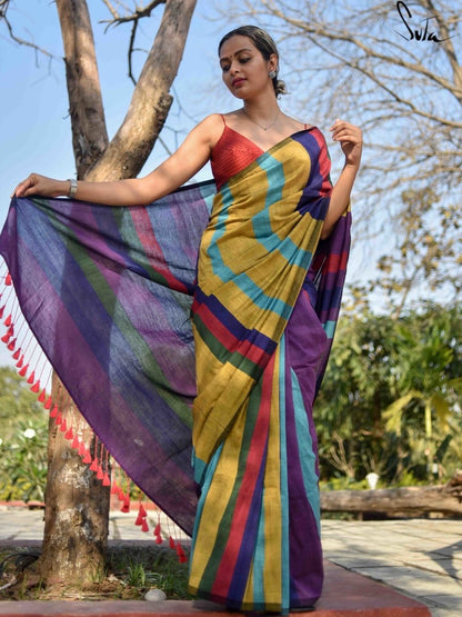 Rangoli Stripe Handloom Cotton Saree with Blouse Piece – Handwoven Traditional Pattern for Women