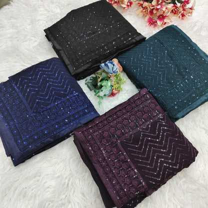 Graceful Soft Georgette Saree with Sequins Embroidery and Piping Lace Border