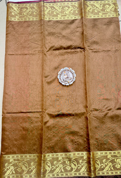 Semi Raw Silk Saree with Zari Hand Border, Heavy Jamdani Pallu and Contrast Blouse