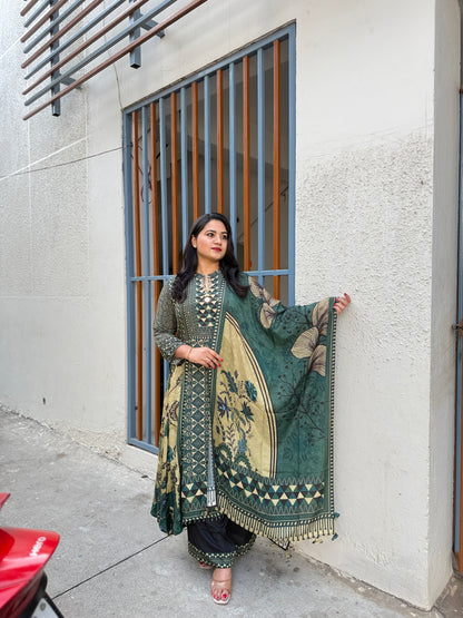 Women’s viscose silk printed kaftan kurta palazzo set with embellished neckline and cape sleeves, green, size 38–44