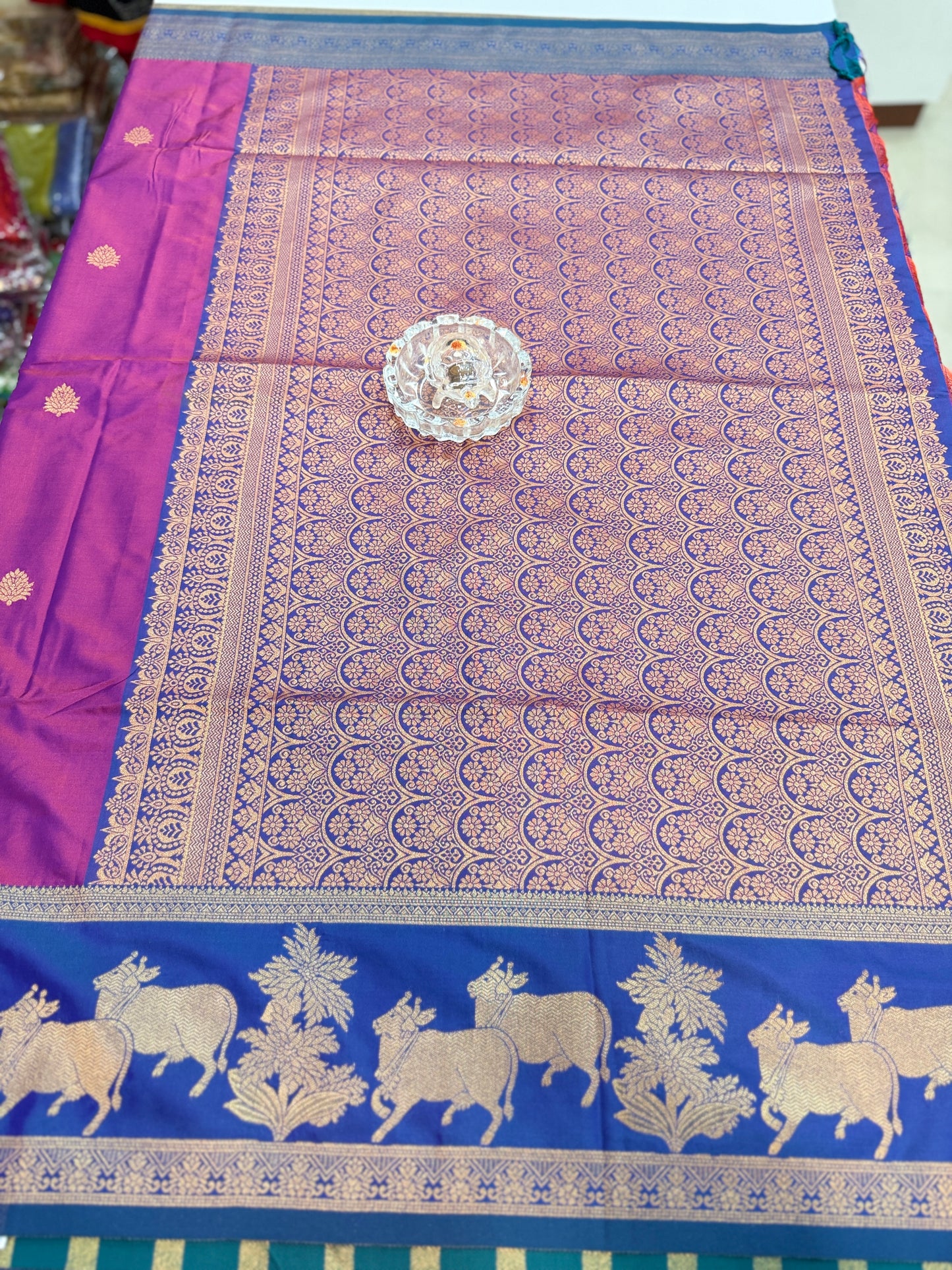 Handloom styled Silk Pichwai Saree with Woven Border and Contrast Blouse