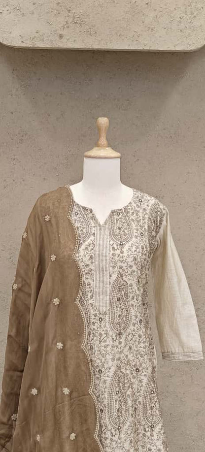 Jamdani Cotton-Lined Kurta Set with Handwoven Motifs and Dupatta – Elegant Festive Ethnic Wear for Women