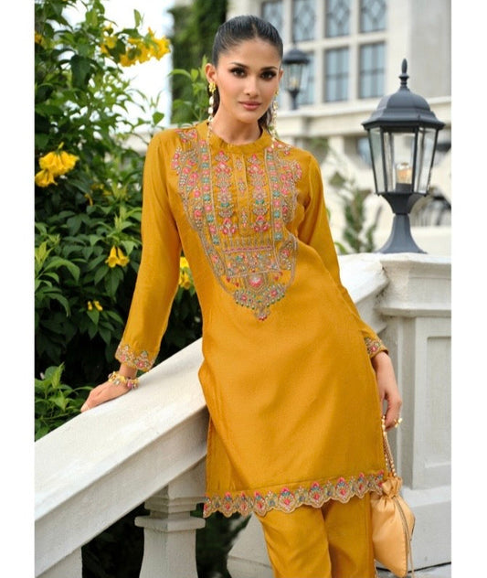 Pure Tussar Silk Co-Ord Set with Embroidery and Handwork – Festive Wear for Women in XL to 3XL