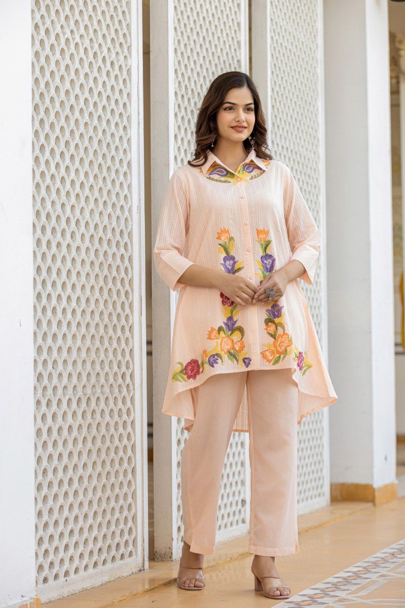 Cotton co-ord set for women with embroidered top and bottom – fully stitched ethnic casual wear