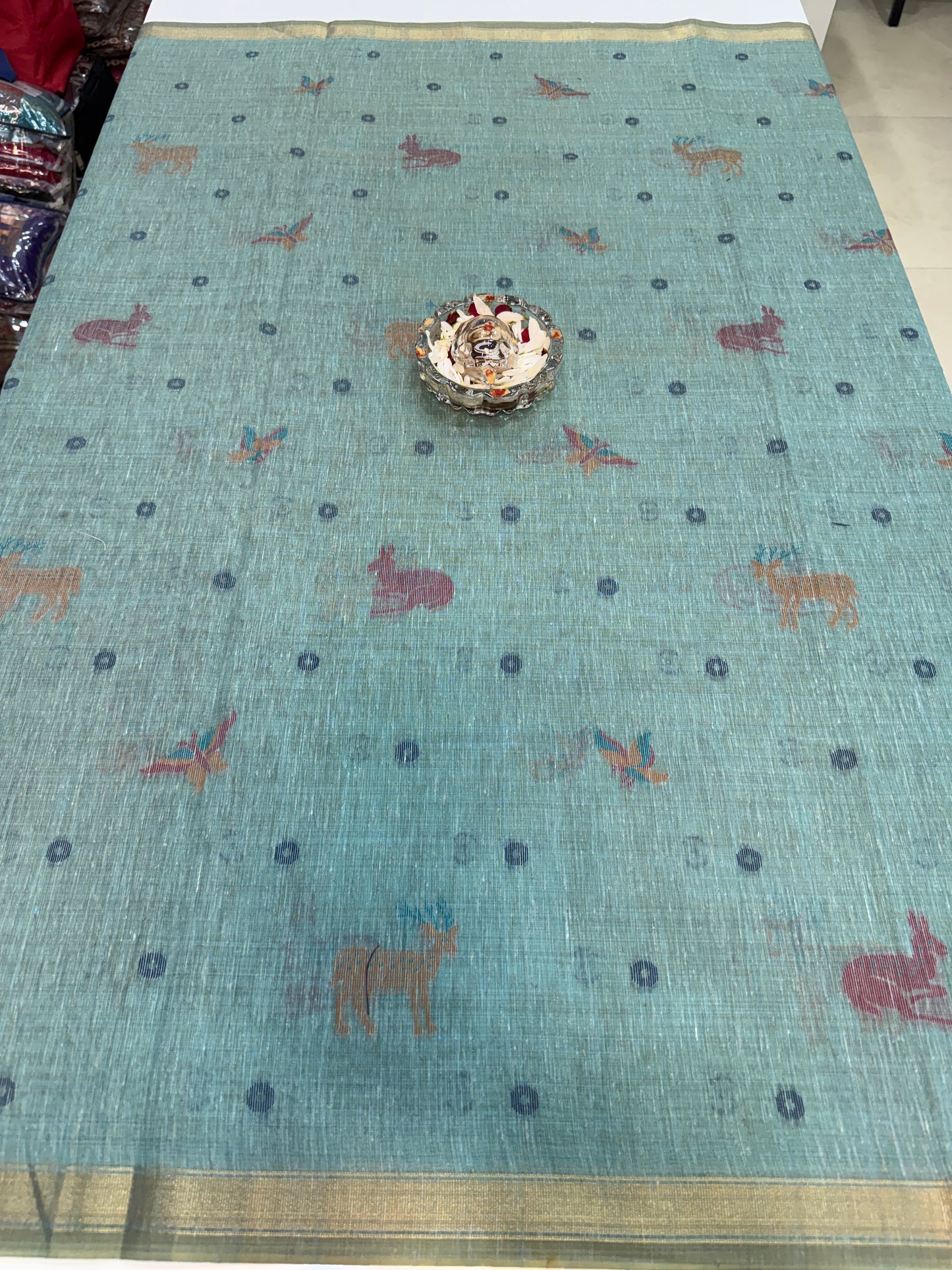 Linen Paithani style printed saree with floral tree border and tassel pallu, women’s festive daily wear saree