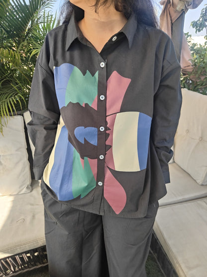 Premium Poplin Co-ord Set for Women with Abstract Print Shirt and Wide-Leg Pants – Smart Casual Outfit