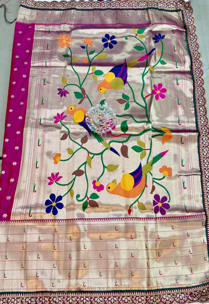 Paithani Lace Border Saree with Parrot Motifs and Contrast Blouse
