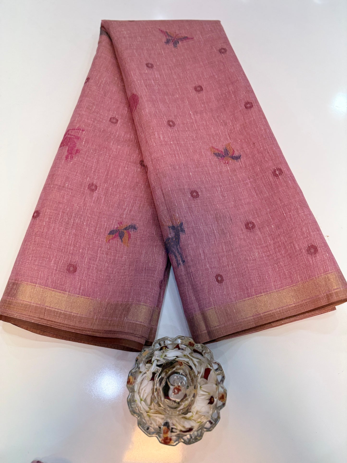 Linen Paithani style printed saree with floral tree border and tassel pallu, women’s festive daily wear saree