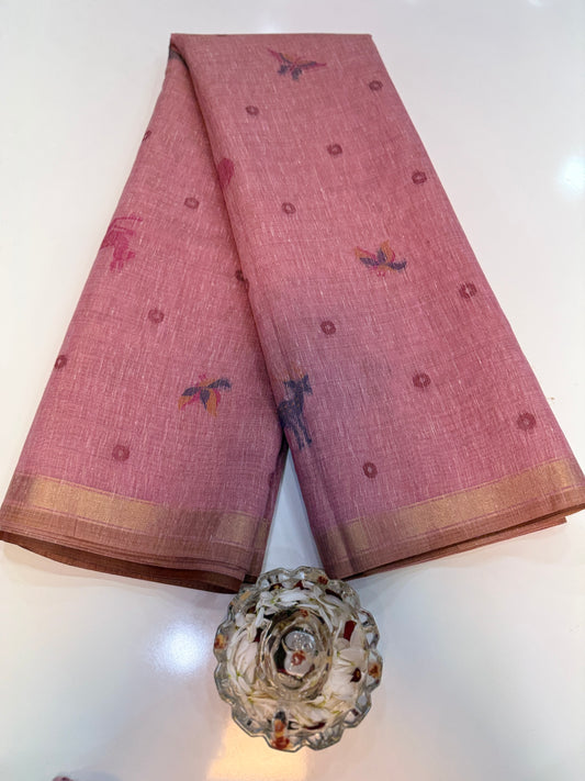 Linen Paithani style printed saree with floral tree border and tassel pallu, women’s festive daily wear saree
