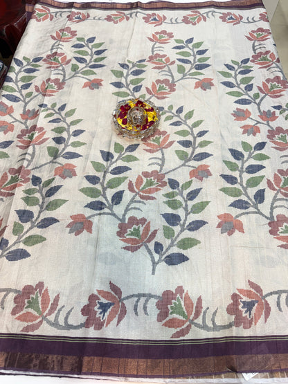 Raw tussar silk saree with smart floral design and soft marmo finish, printed border saree