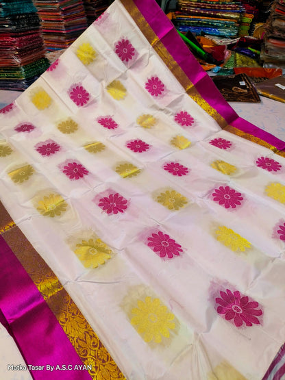 Matka Tussar Silk Saree with Golden Zari Weaving and Velvet Border