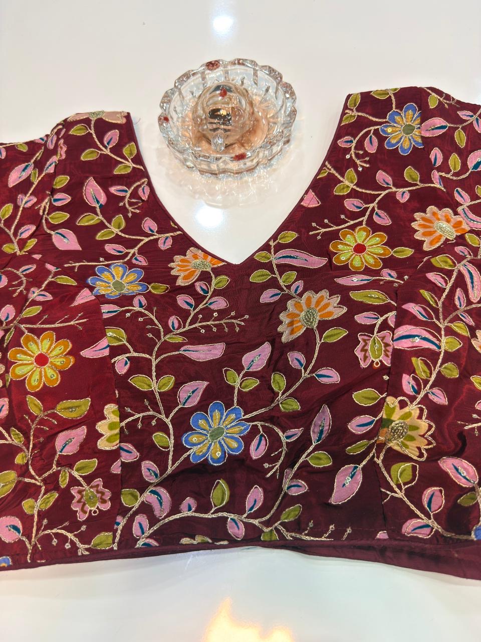 Pure silk embroidered readymade blouse for women, floral print, 3/4 sleeve, padded, size 38–42, 15 inch length