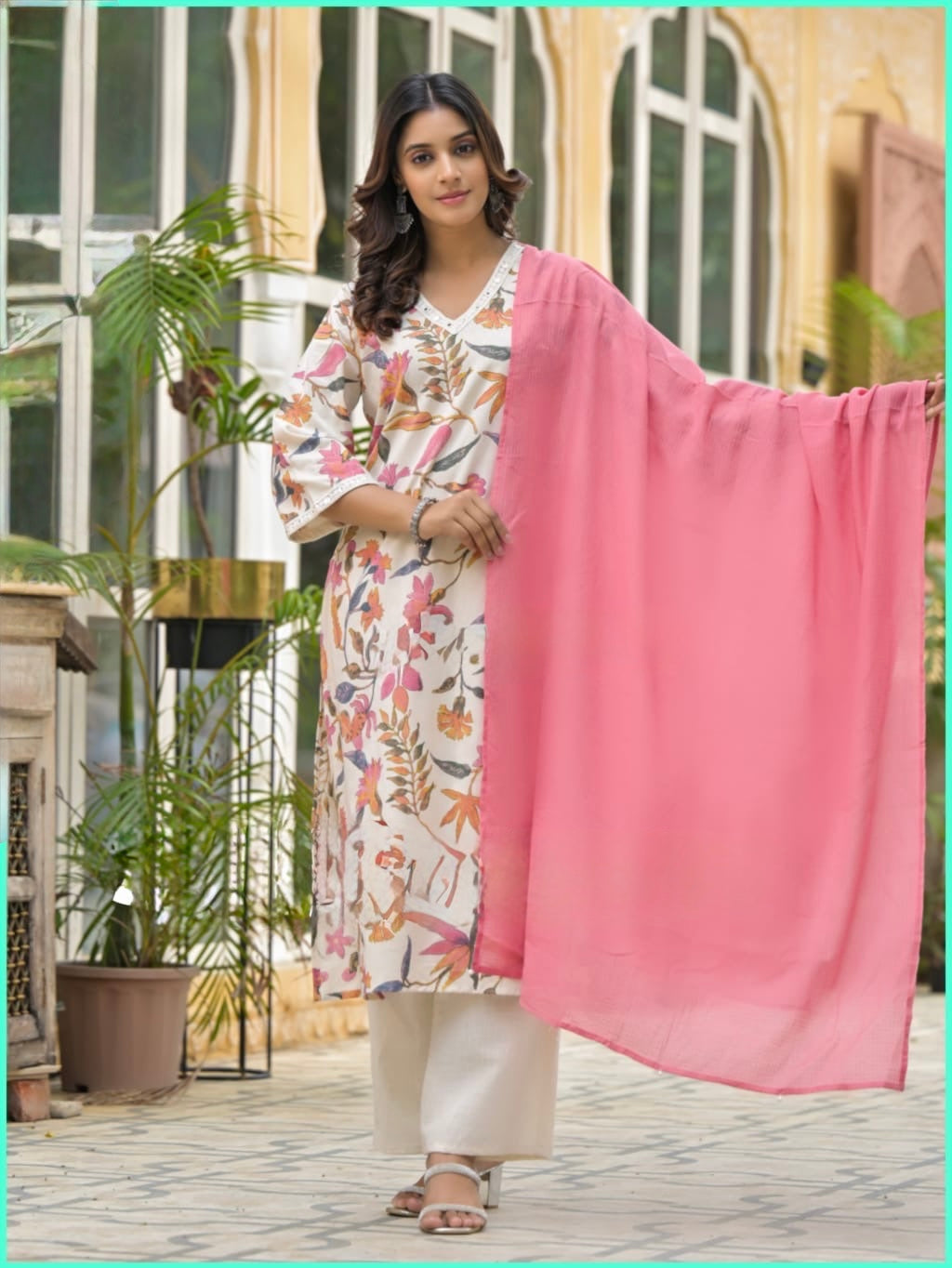 Cotton Flex Floral Suit Set with Mirror Thread Work and Kota Doria Dupatta for Women