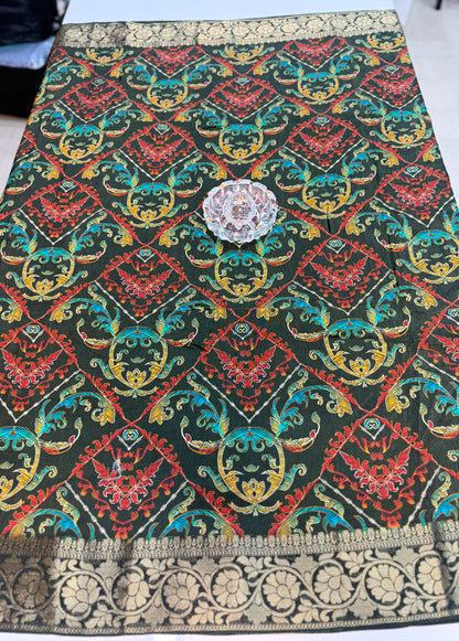 Pure Viscose Crepe silk saree with digital floral print and woven zari border for women