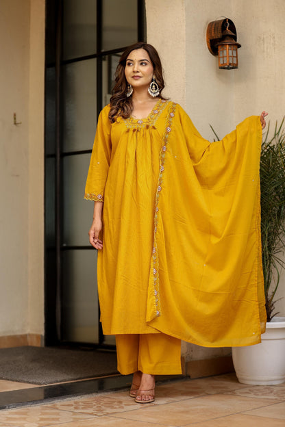 Salli Cotton Kurta Pant Dupatta Set with Embroidery Work – Soft Cotton Ethnic Suit for Women (Sizes 38–46)