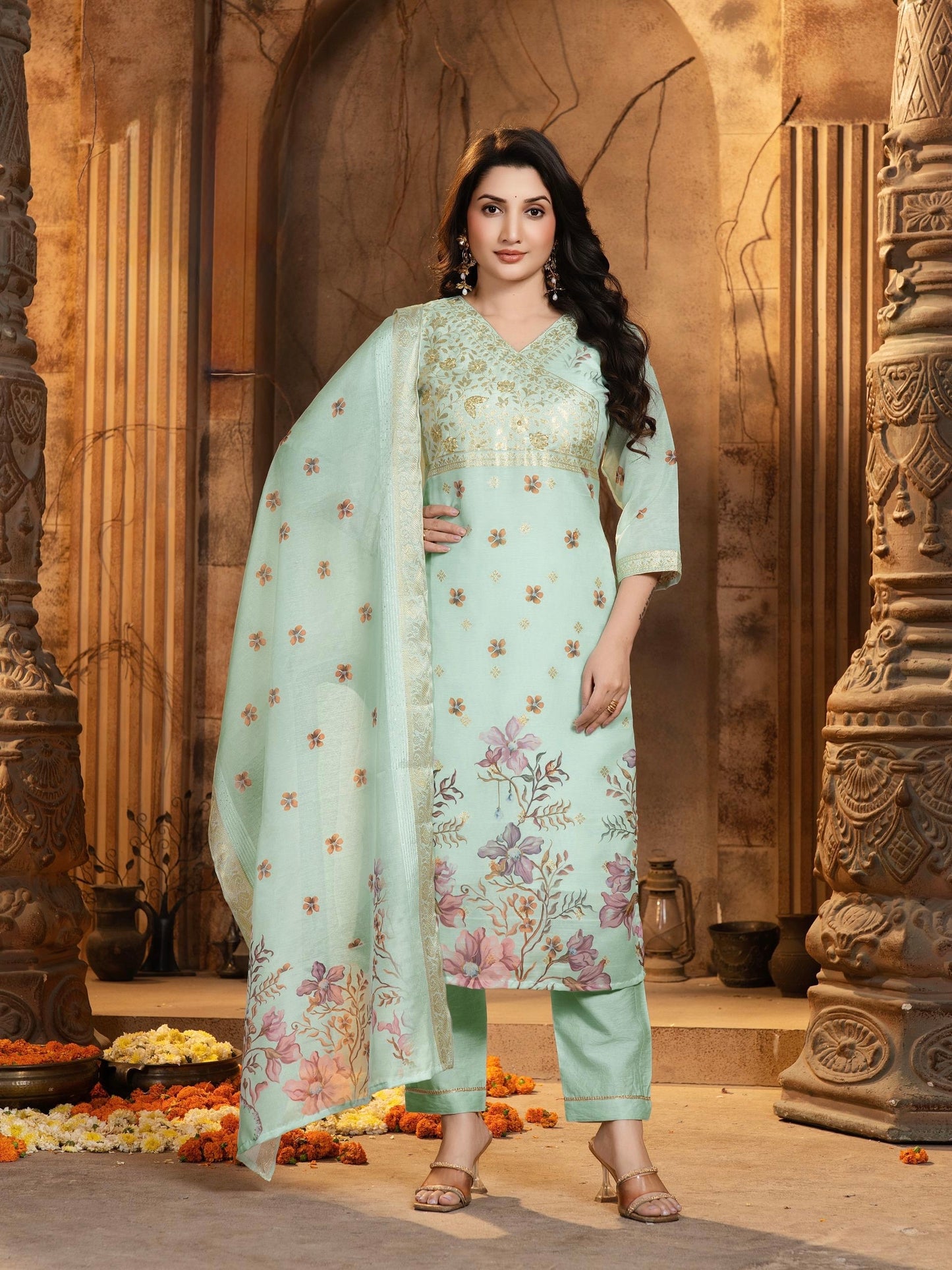 Chanderi Jacquard Straight Kurta Pant Set with Digital Print Dupatta – Women’s Ethnic Wear