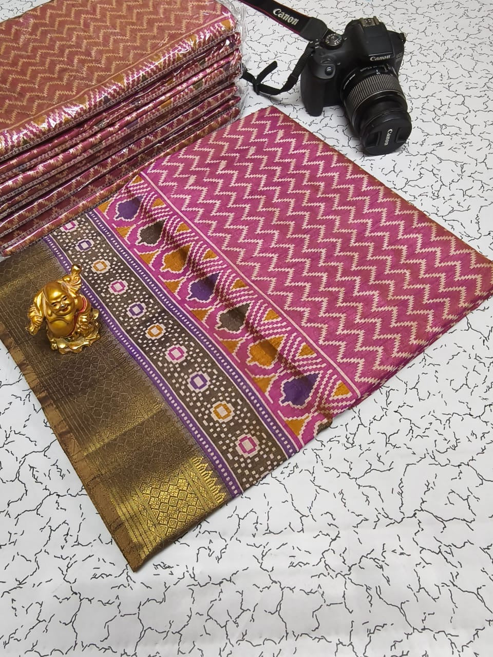Soft Pochampally Silk Saree with Printed Multi-Butta Design and Contrast Running Blouse