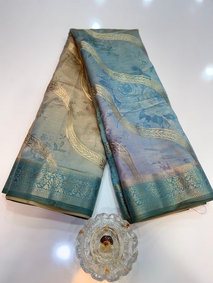 Bamboo Silk Floral Printed Saree with Rich Decorative Pallu, All Over Rich Leheriya Pattern