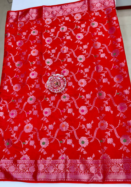 Banarasi Semi Dupion Silk Saree with Jaal Meenakari Design and Gold Zari Weaving Blouse Piece