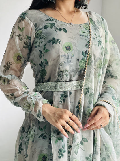 Organza Silk Anarkali Suit Set with Kali Cut, Canvas Patta, Cotton Pants and Dupatta for Women