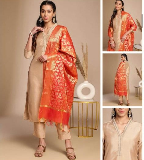 Beige Crepe Silk Kurta Pant Dupatta Set with Banarasi Weaving Dupatta for Women – L to 3XL