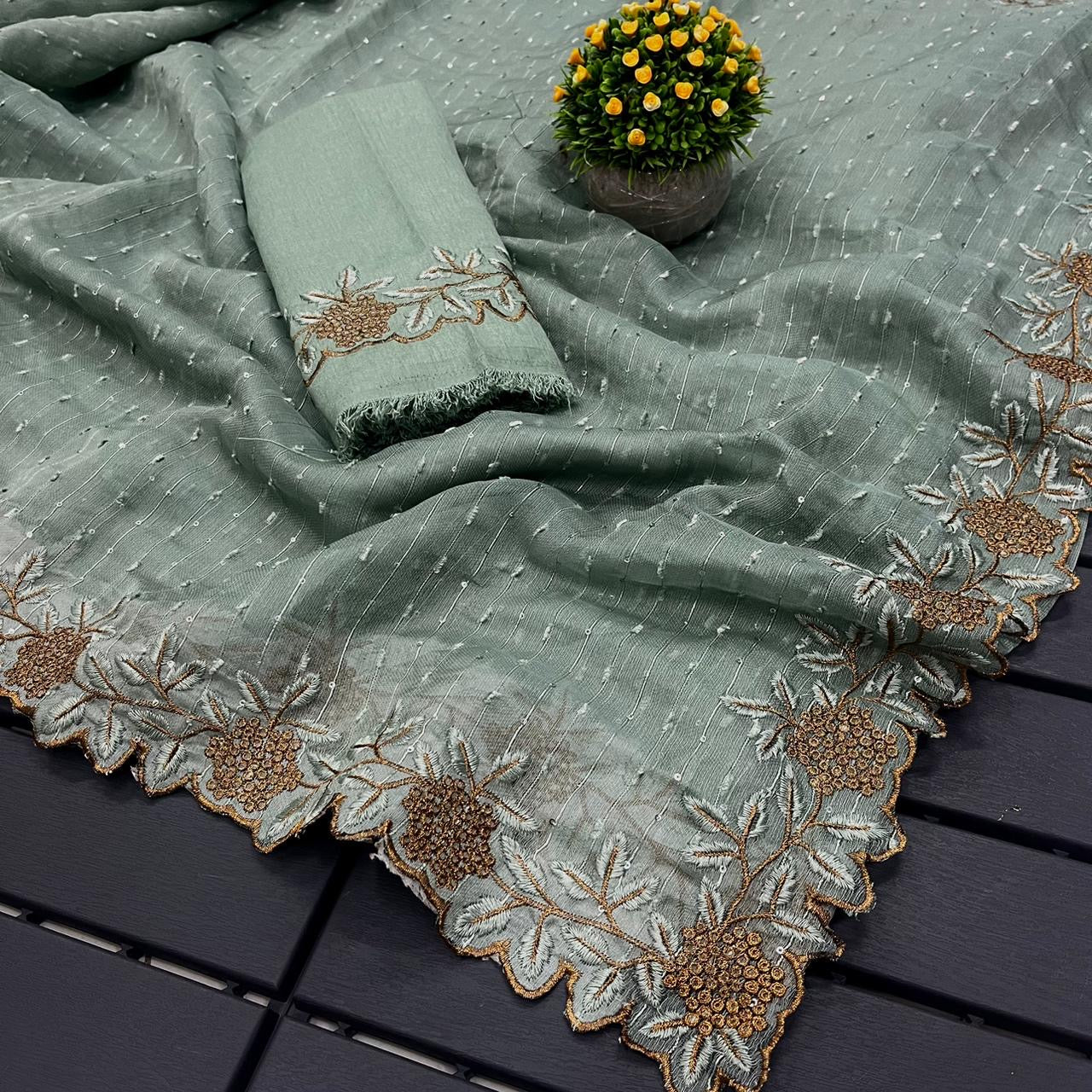 Women’s Pure Georgette Saree with Multi-Sequence Design, Viscose Border and Matching Blouse