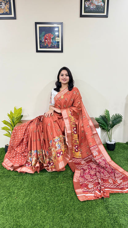 Handloom Semi Tussar Saree with Kalamkari Design and Silver Border for Festive Wear