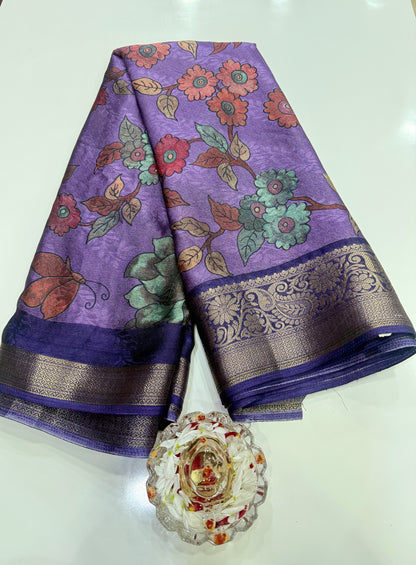 Silk blend printed saree with zari border and digital pallu print, 6.3m with running blouse, 6 color options
