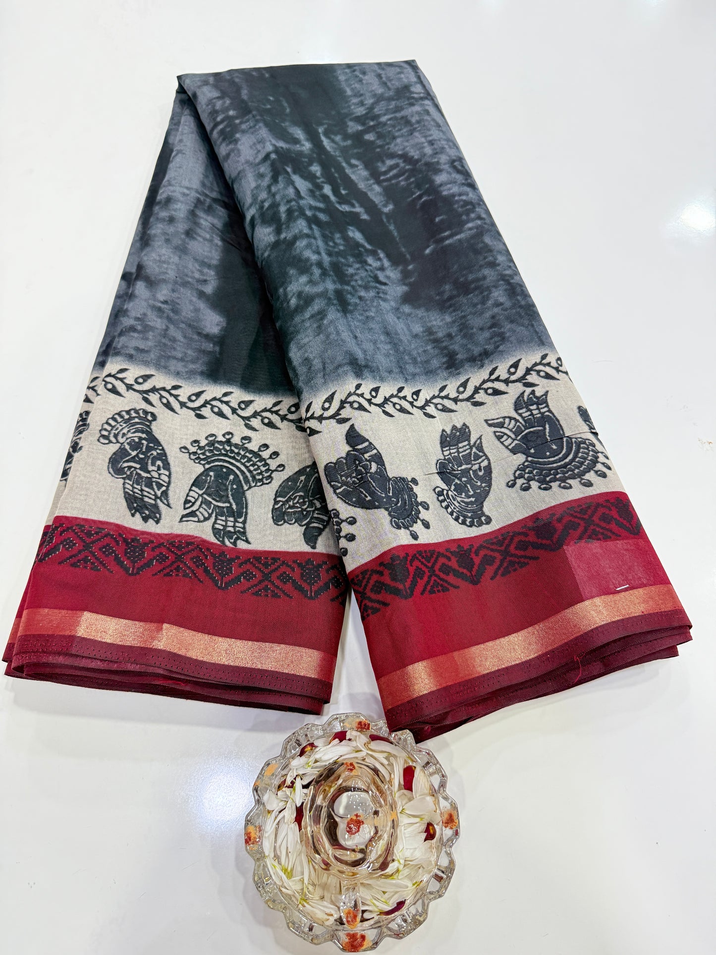 Silk blend printed saree with contrast border and pallu print, 6.3m with running blouse, 6 color options