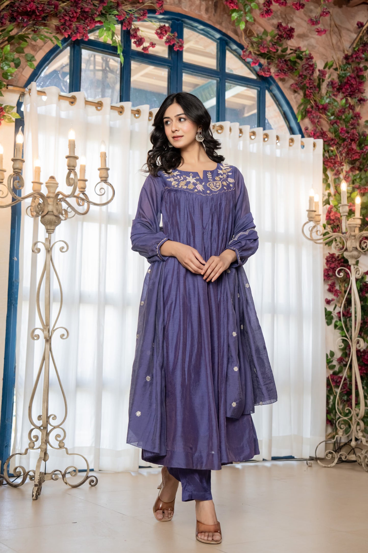 Chanderi Anarkali Kurti Pant Dupatta Set with Elegant Handwork for Women