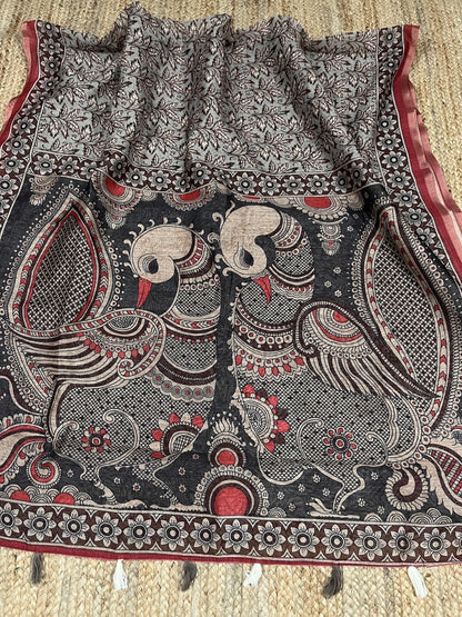 Mul Chanderi Cotton Saree with Kalamkari Print, Golden Zari Piping, and Batik Blouse – Ethnic Wear for Women