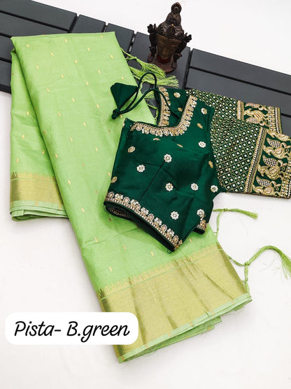 Soft Tissue Silk Saree with Small Butti Design, Embroidered Blouse up to Size 42 or Plain Silk Blouse
