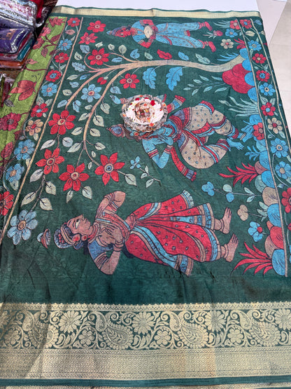 Silk blend printed saree with zari border and digital pallu print, 6.3m with running blouse, 6 color options