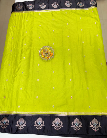 Banarasi Semi Raw Mango Silk Saree with Zari Buta Meenakari Work and Brocade Blouse – Festive Wear