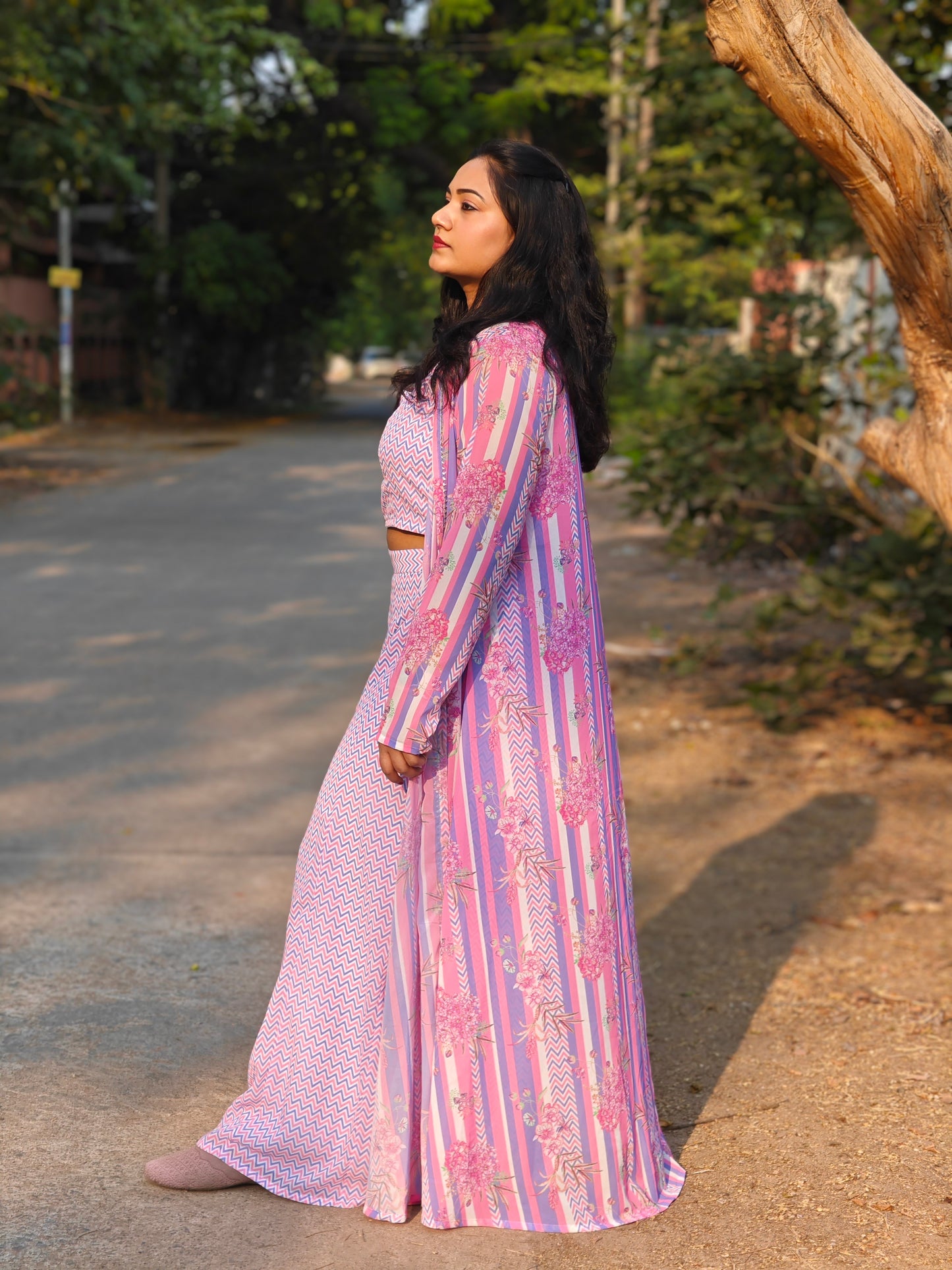 Women’s Georgette Chevron Print 3-Piece Set with Jacket – Sizes L, XL & 2XL